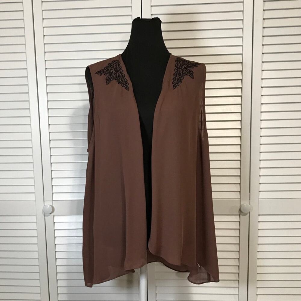 Bob Mackie Wearable Art Whimsigoth Chocolate Brown Sheer Flowy Floral Vest XL